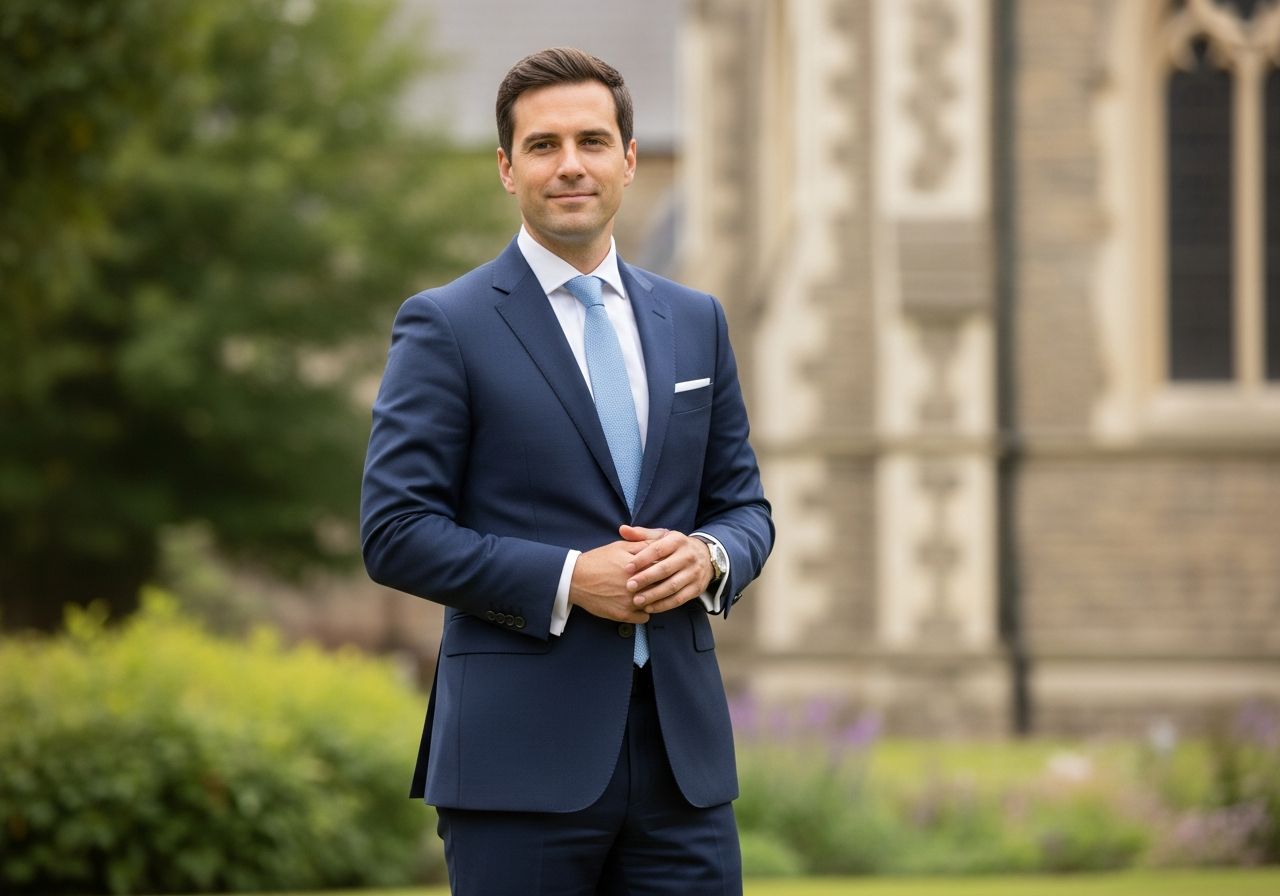 Mężczyzna w garniturze stoi pewnie na tle kościoła i zieleni w naturalnym świetle.