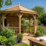 Alt: drewniany ogród z altaną, roślinami i planami na stole, naturalne światło, niebo w tle