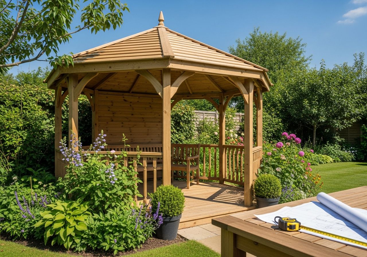 Alt: drewniany ogród z altaną, roślinami i planami na stole, naturalne światło, niebo w tle