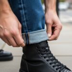 Osoba podwijająca nogawkę dopasowanych dżinsów na tle miejskiego chodnika w naturalnym świetle.