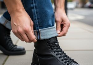 Osoba podwijająca nogawkę dopasowanych dżinsów na tle miejskiego chodnika w naturalnym świetle.