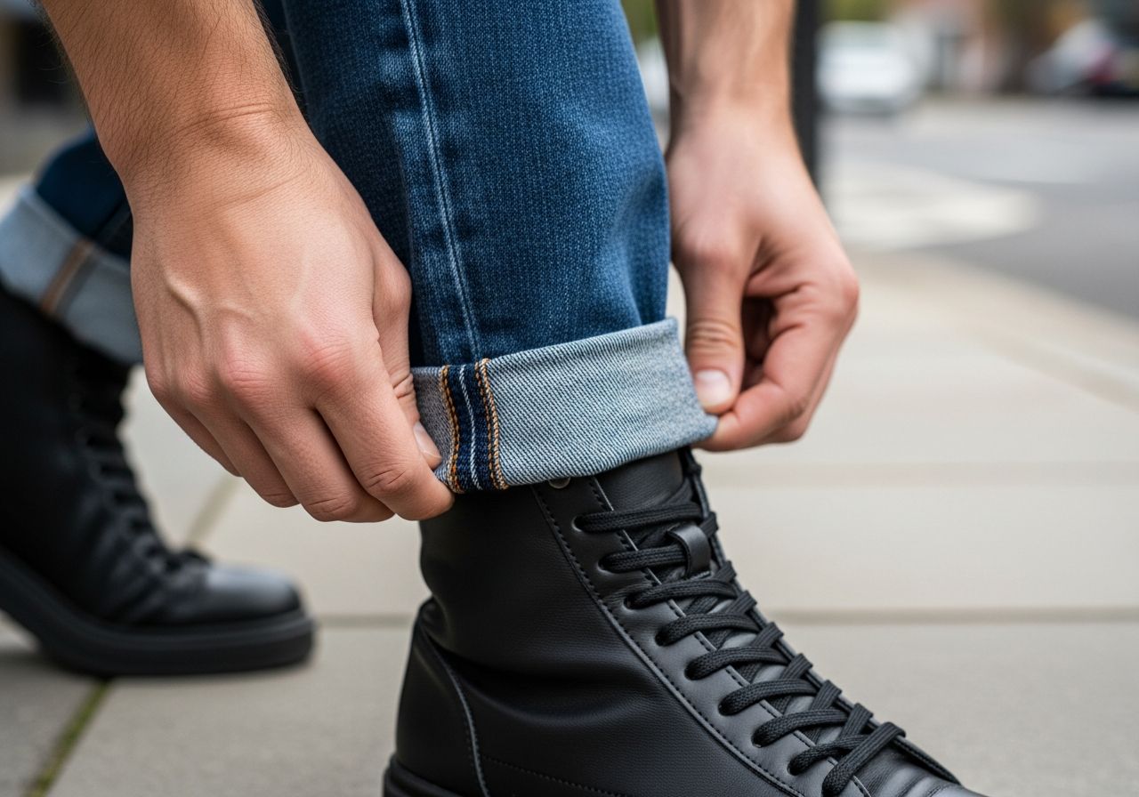 Osoba podwijająca nogawkę dopasowanych dżinsów na tle miejskiego chodnika w naturalnym świetle.