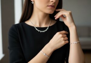 Kobieta w czarnej sukience z delikatną biżuterią w jasnym, rozmytym wnętrzu.