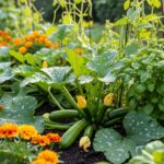 Zbliżenie na zdrowe rośliny cukinii otoczone ziołami i kwiatami w naturalnym ogrodzie warzywnym.