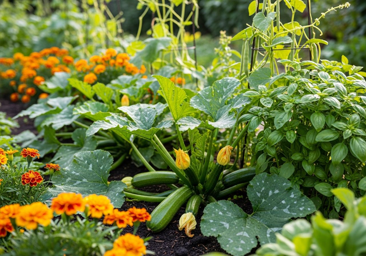 Zbliżenie na zdrowe rośliny cukinii otoczone ziołami i kwiatami w naturalnym ogrodzie warzywnym.