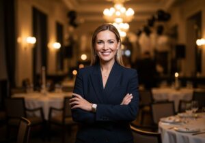 Elegancka kobieta w średnim wieku na przyjęciu urodzinowym w luksusowej restauracji