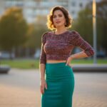 Kobieta o figurze gruszki w modnym stroju stoi w miejskim parku w ciepłym świetle późnego popołudnia