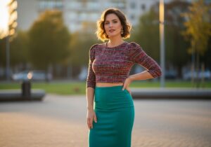 Kobieta o figurze gruszki w modnym stroju stoi w miejskim parku w ciepłym świetle późnego popołudnia