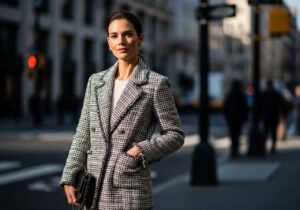 Kobieta w klasycznej kurtce Chanel na tle miejskiej ulicy w naturalnym świetle, zdjęcie modowe 4:3