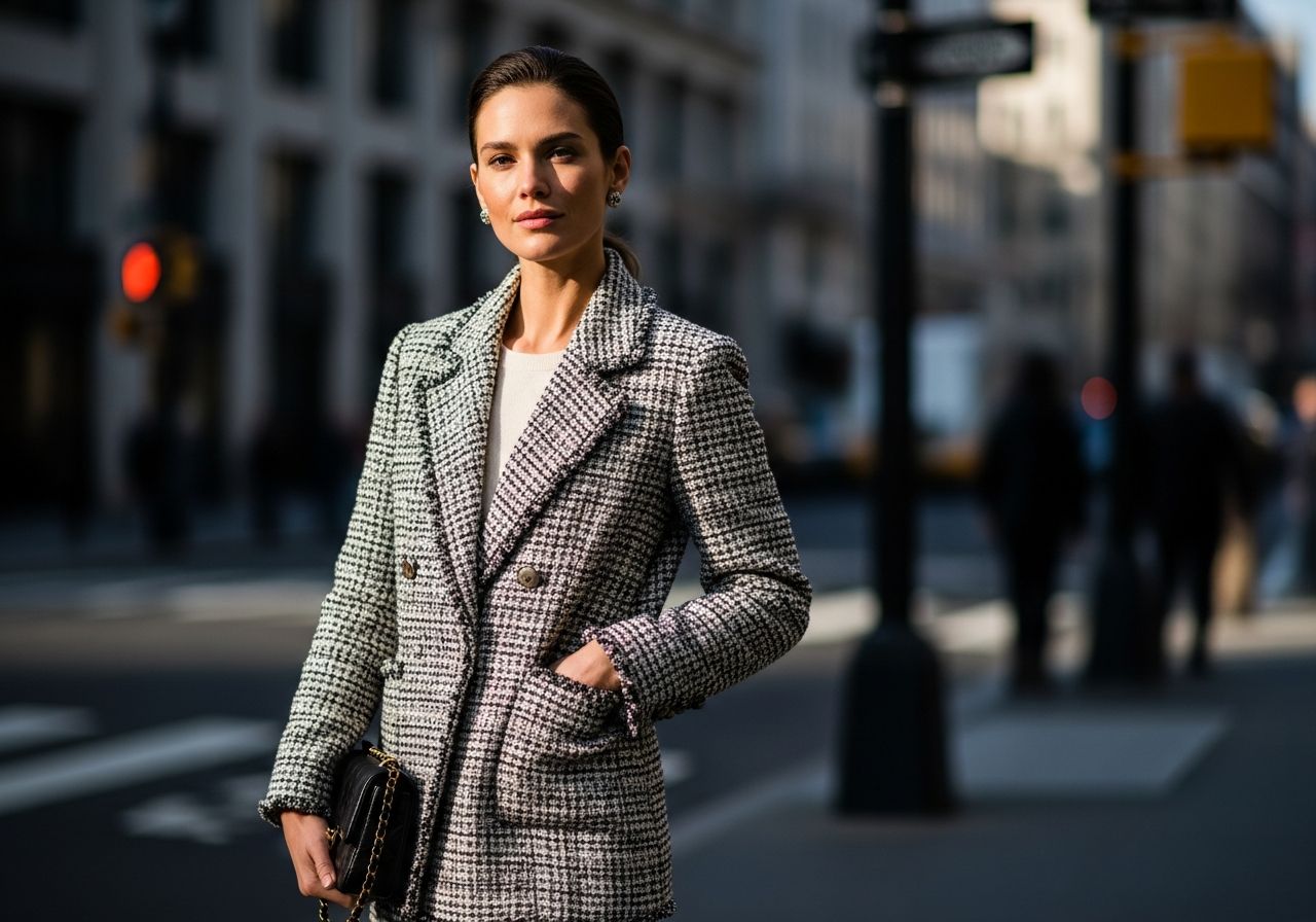 Kobieta w klasycznej kurtce Chanel na tle miejskiej ulicy w naturalnym świetle, zdjęcie modowe 4:3