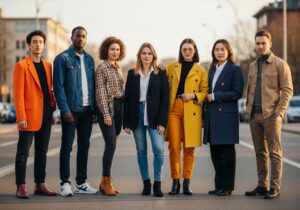 Grupa młodych osób w modnych ubraniach na miejskiej ulicy podczas złotej godziny.