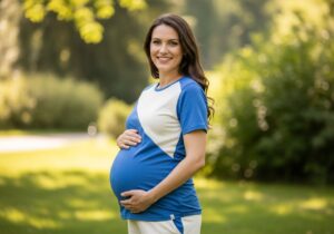 Kobieta w ciąży w wygodnym stroju macierzyńskim, stojąca na zewnątrz, obejmująca brzuch, otoczona zielenią.
