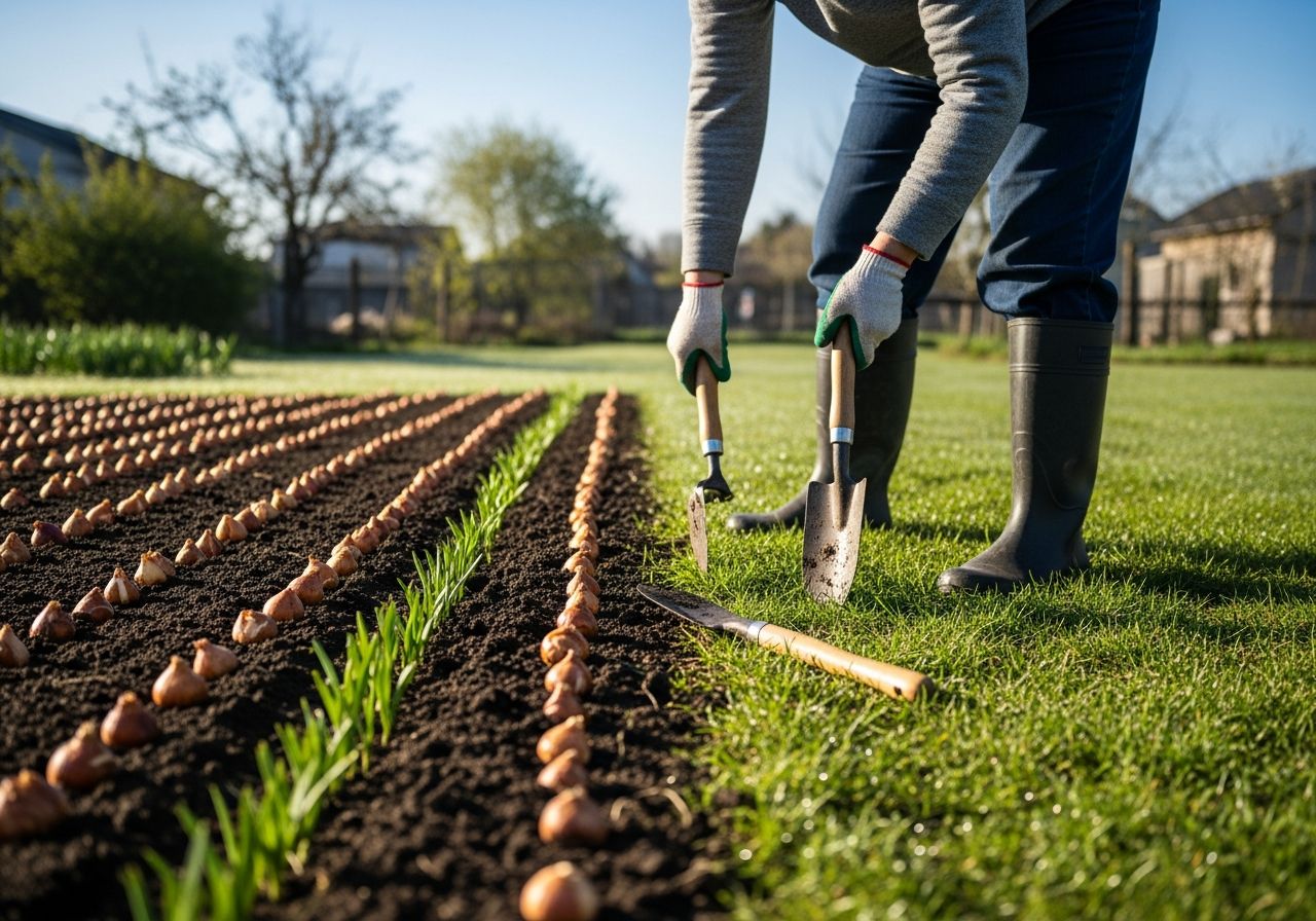 Osoba pracująca w ogrodzie na wczesną wiosnę, zrośnięta gleba i świeże zielone pędy w rzędach.