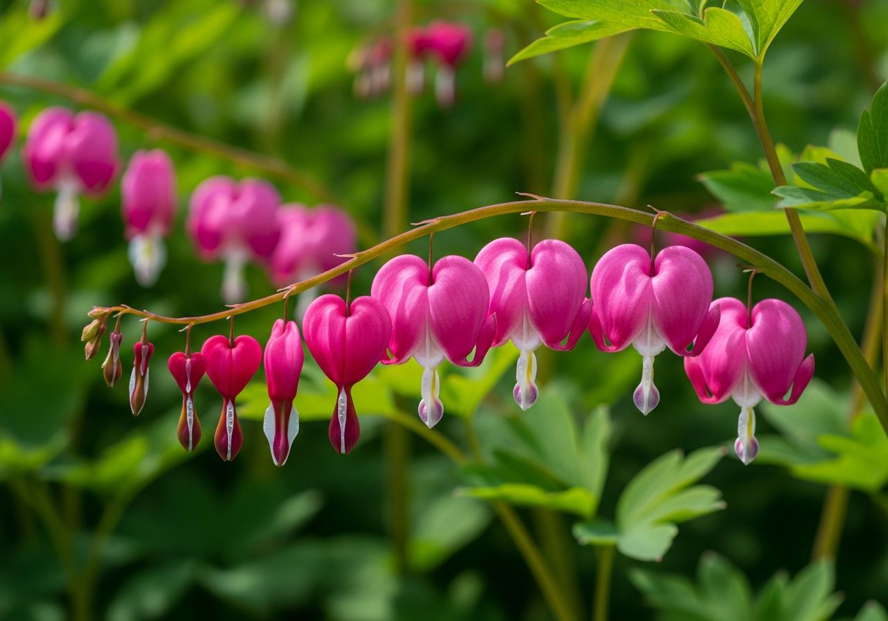 Zbliżenie różowych kwiatów serduszka okazałego na zielonych łodygach z rozmytym tłem liści