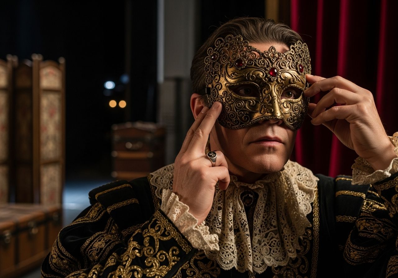 Aktor w kostiumie teatralnym poprawia maskę za kulisami, przy scenicznych kurtynach i rekwizytach.