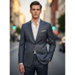 Młody mężczyzna w nowoczesnym garniturze stoi na ulicy miasta podczas złotej godziny