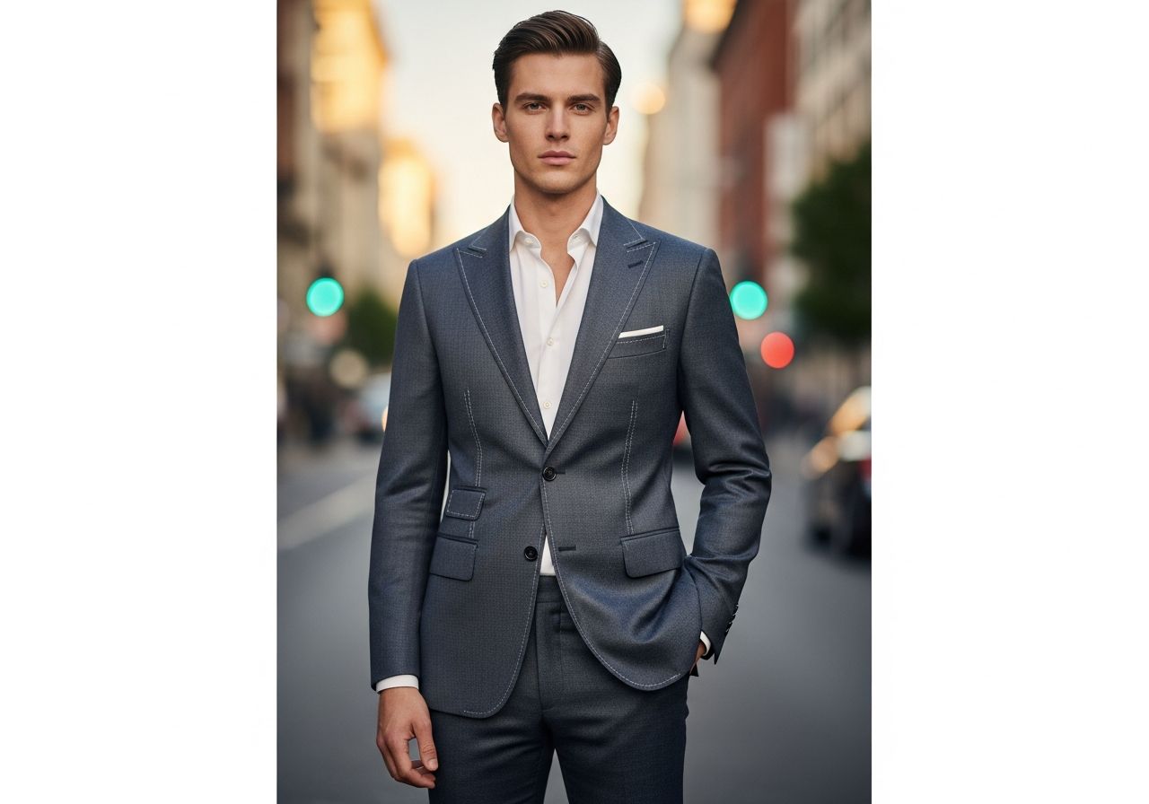 Młody mężczyzna w nowoczesnym garniturze stoi na ulicy miasta podczas złotej godziny