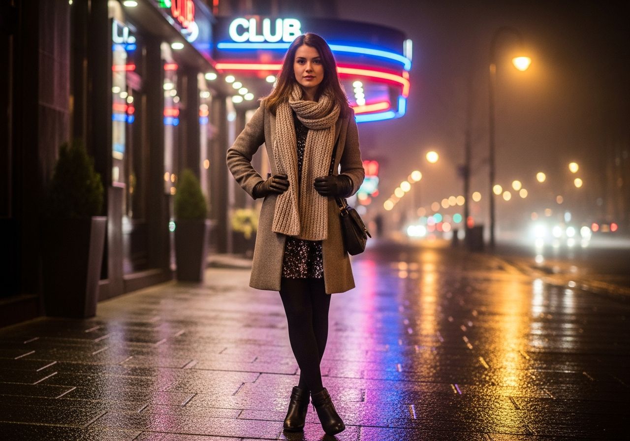 Młoda kobieta w zimowym płaszczu stoi przed klubem nocnym przy miejskim oświetleniu.