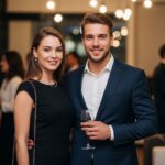 Młoda para w eleganckich strojach pozująca na firmowej imprezie w nowoczesnym biurze.