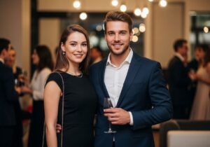 Młoda para w eleganckich strojach pozująca na firmowej imprezie w nowoczesnym biurze.