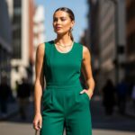 Kobieta w eleganckim, dopasowanym kombinezonie na tle nowoczesnej miejskiej scenerii