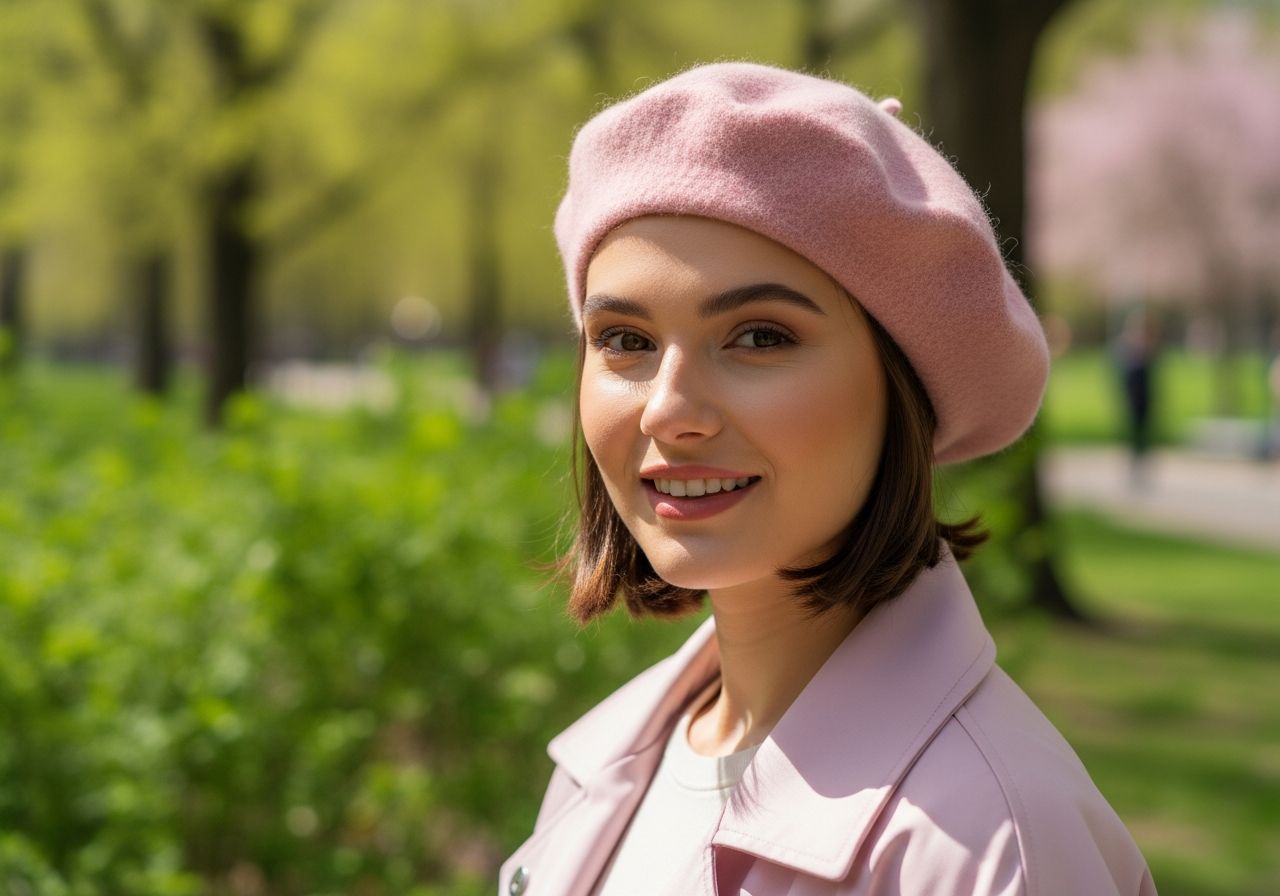 Młoda kobieta w pastelowym beretu i kurtce na tle miejskiego parku w naturalnym świetle
