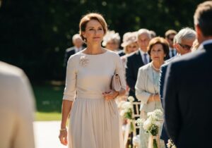 Elegancka kobieta w sukience midi na ślubie w ogrodzie, w naturalnym świetle, w otoczeniu gości.