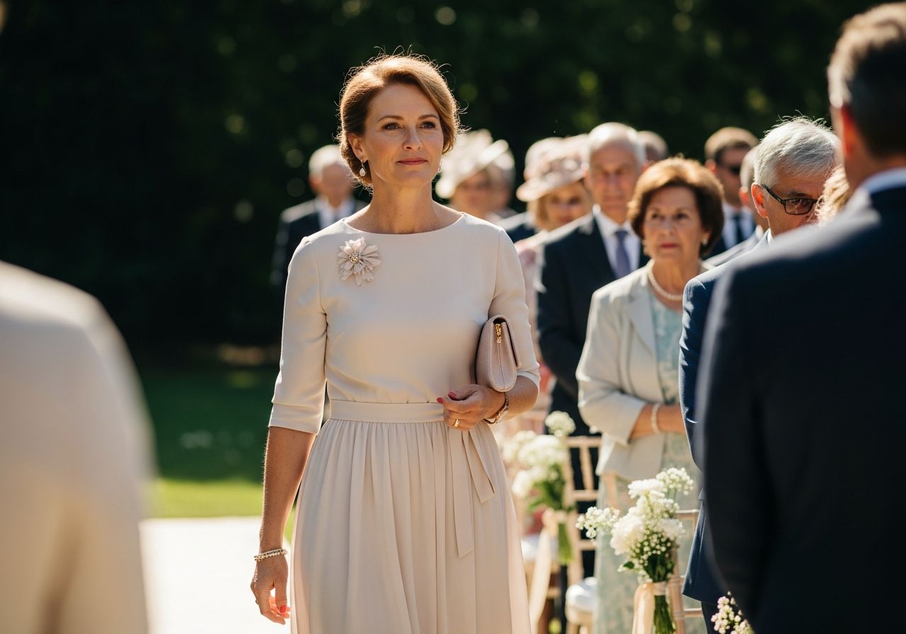 Elegancka kobieta w sukience midi na ślubie w ogrodzie, w naturalnym świetle, w otoczeniu gości.