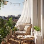 Balkon z drewnianą podłogą, roślinami, fotelem rattanowym, stolikiem i kawą, widok na miasto w słoneczny dzień