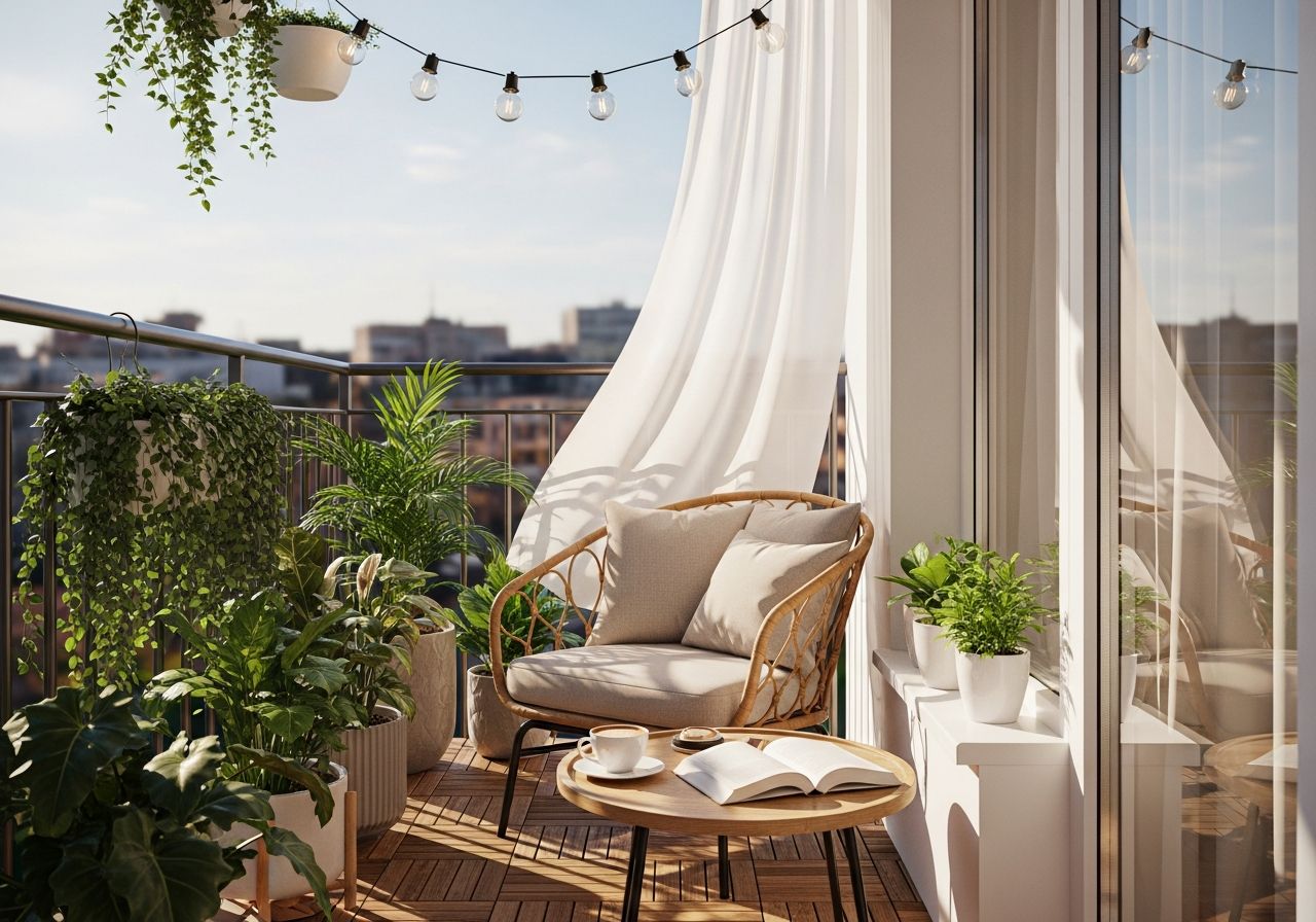 Balkon z drewnianą podłogą, roślinami, fotelem rattanowym, stolikiem i kawą, widok na miasto w słoneczny dzień