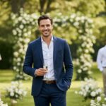 Mężczyzna w granatowej marynarce na eleganckim weselu w ogrodzie, trzymający kieliszek szampana.
