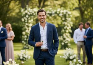 Mężczyzna w granatowej marynarce na eleganckim weselu w ogrodzie, trzymający kieliszek szampana.