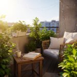 Przytulny balkon o zachodzie słońca z roślinami, stolikiem, kawą i książką, widok miasta w tle.