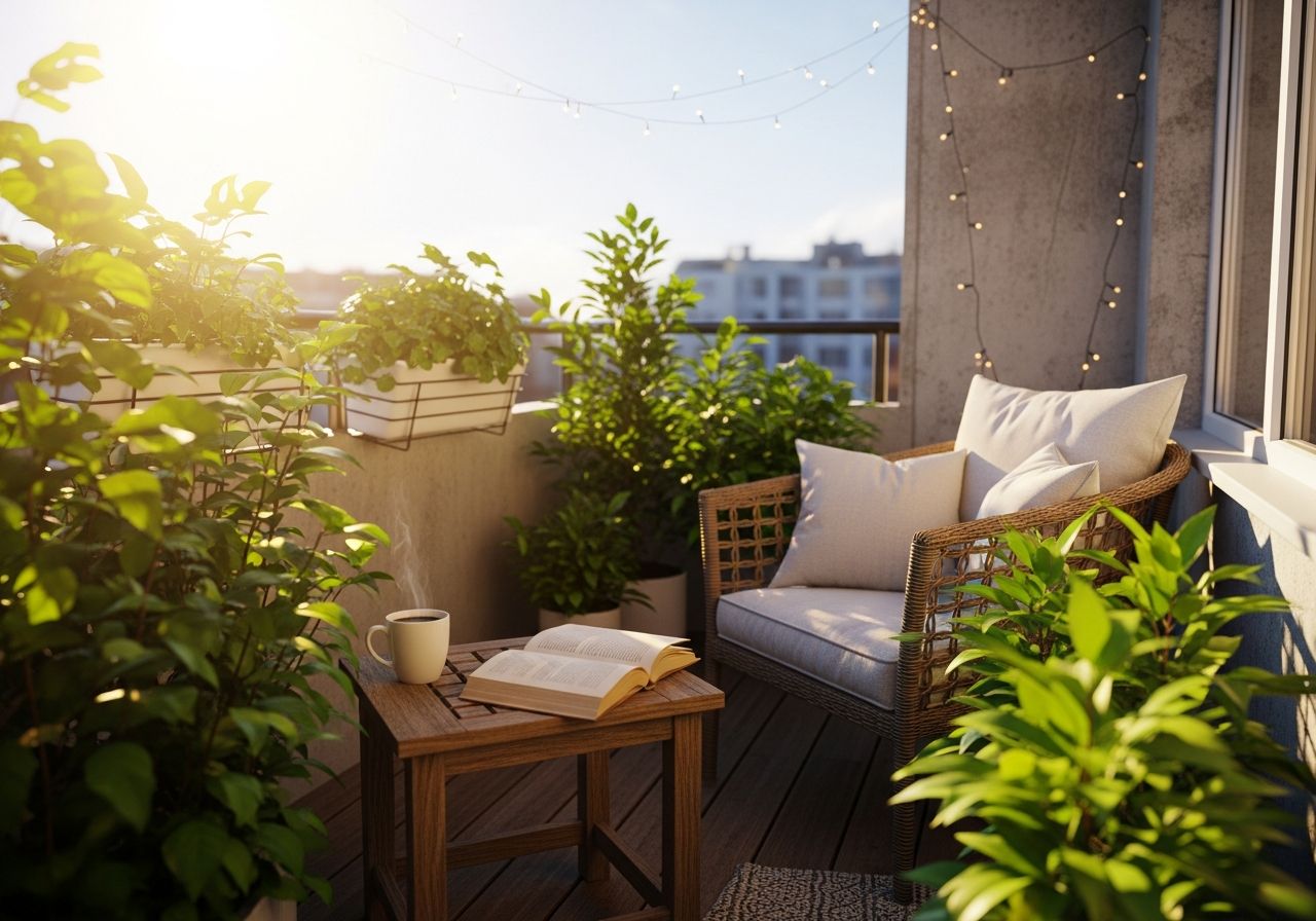 Przytulny balkon o zachodzie słońca z roślinami, stolikiem, kawą i książką, widok miasta w tle.