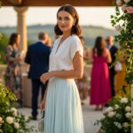 Młoda kobieta w eleganckiej spódnicy i bluzce na zewnątrz podczas wesela, trzyma kopertówkę.