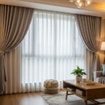 nowoczesny salon z dużymi oknami, zasłonami, sofą, stolikiem, rośliną i naturalnym światłem