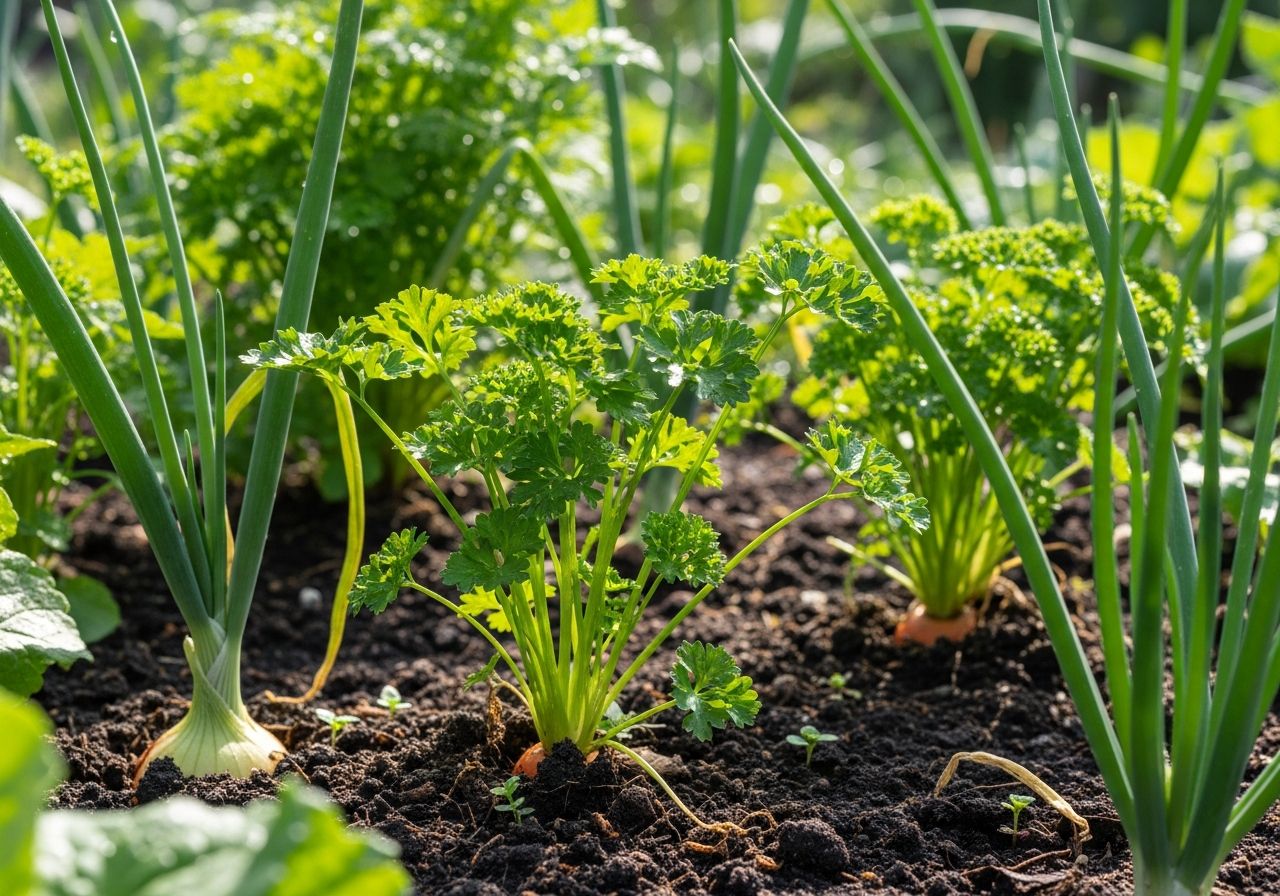 Zbliżenie warzywnego grządki z pietruszką, marchewką, cebulą i szczypiorkiem w naturalnym świetle