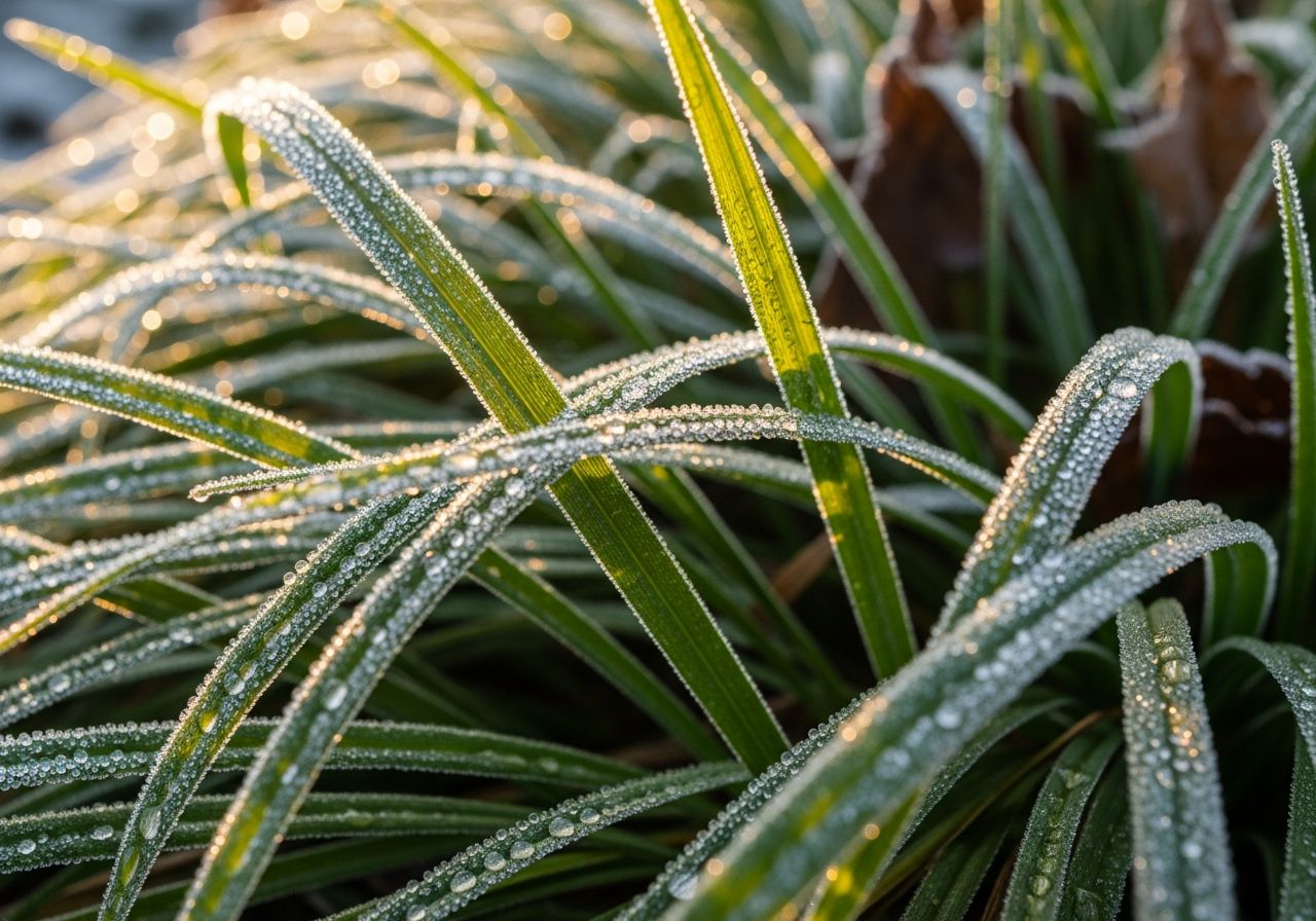 Zbliżenie wiecznie zielonej trawy ozdobnej z poranną rosą w ogrodzie zimą przy naturalnym świetle