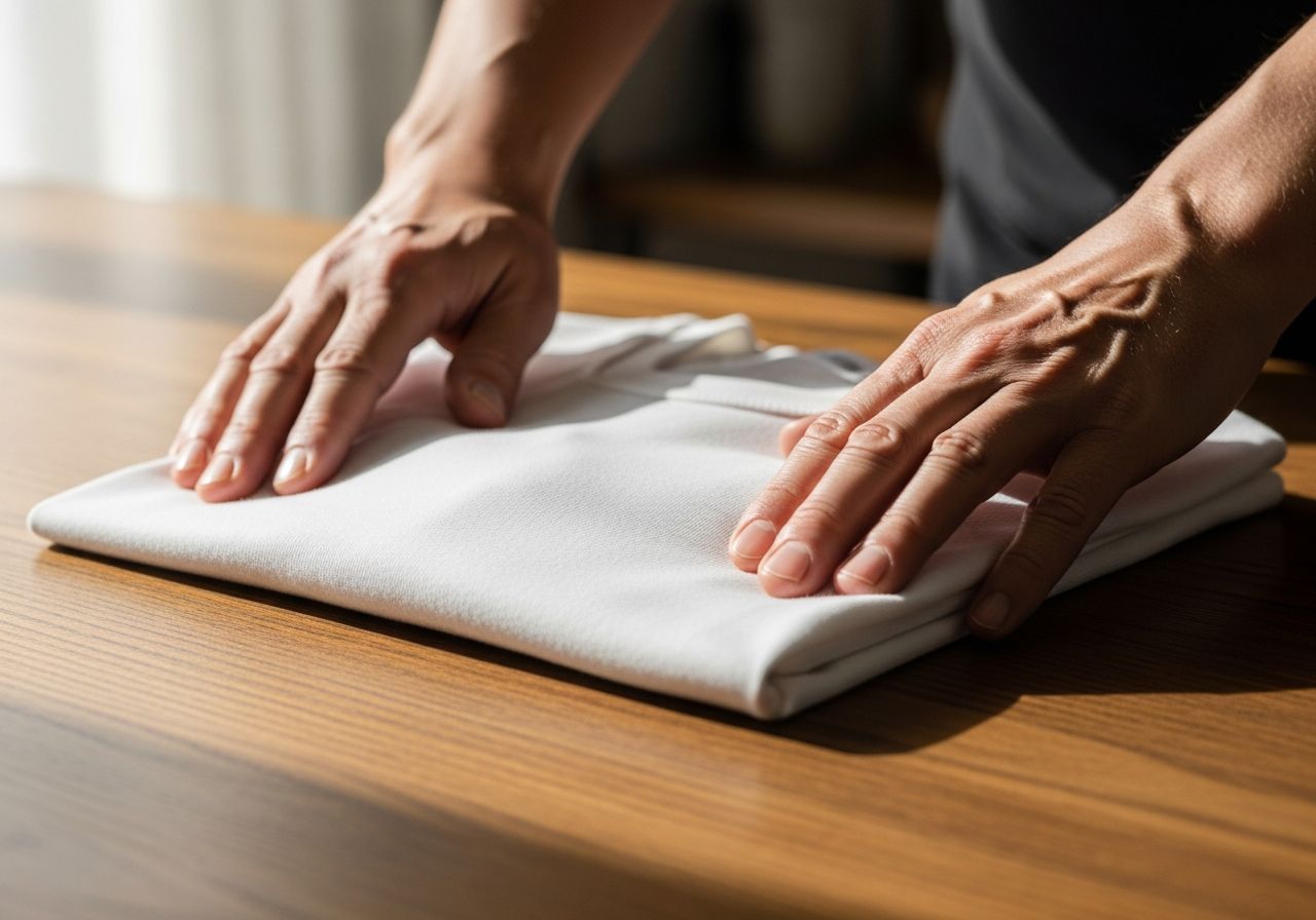 Zbliżenie na dłonie składające białą bawełnianą koszulkę na drewnianym stole w naturalnym świetle.