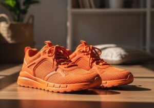 Jasnopomarańczowe nowoczesne sneakersy na drewnianej podłodze, z naturalnym światłem i rozmytym tłem wnętrza