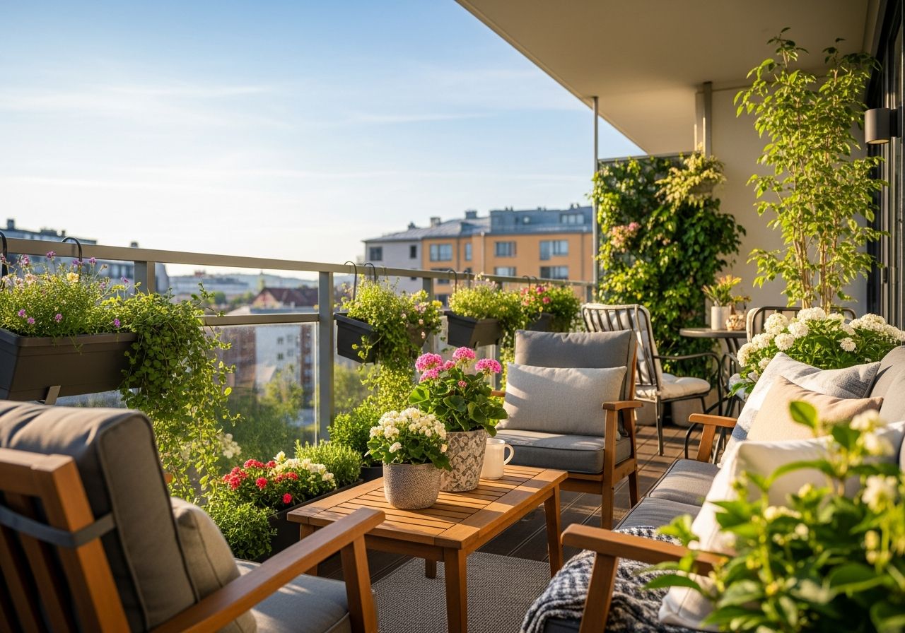 Balkon z nowoczesnymi meblami, roślinami i naturalnym światłem w miejskim otoczeniu, widok 4:3