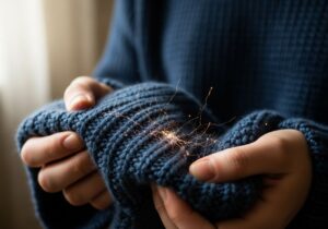 Osoba trzyma wełniany sweter z widocznymi iskrami elektrostatycznymi na tkaninie.