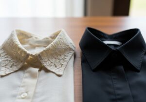 Zbliżenie na koronkowy biały kołnierz vintage i nowoczesny czarny kołnierz na drewnianym stole