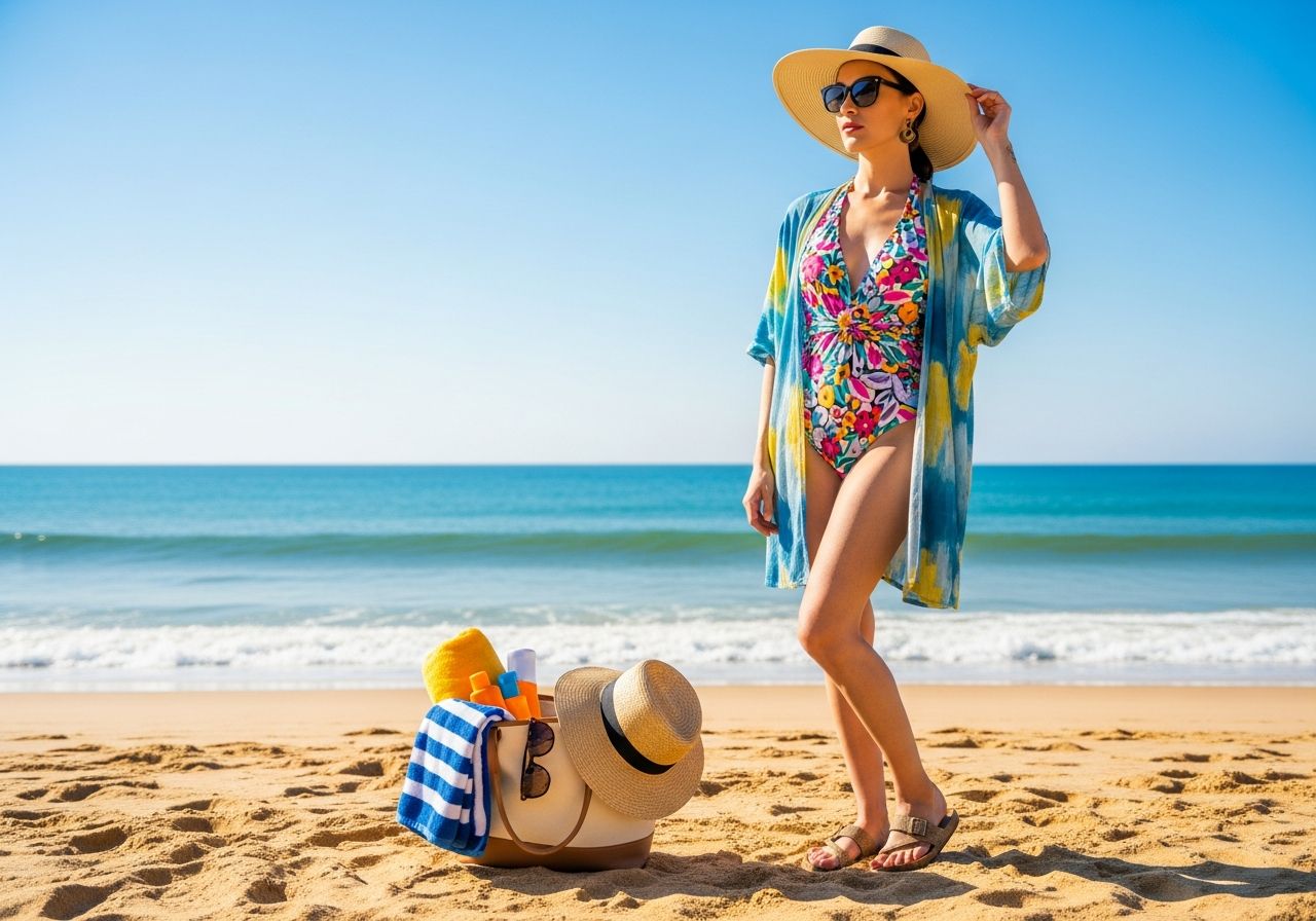 Osoba w letnim stroju stoi na plaży obok torby plażowej, w tle spokojne morze pod słonecznym niebem.