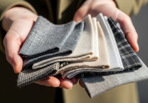 Osoba trzyma próbki tkanin wysokiej jakości pod naturalnym światłem, ukazujące fakturę materiału