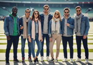 Grupa młodych osób w casualowych ubraniach na świeżym powietrzu przed dużym stadionem podczas koncertu