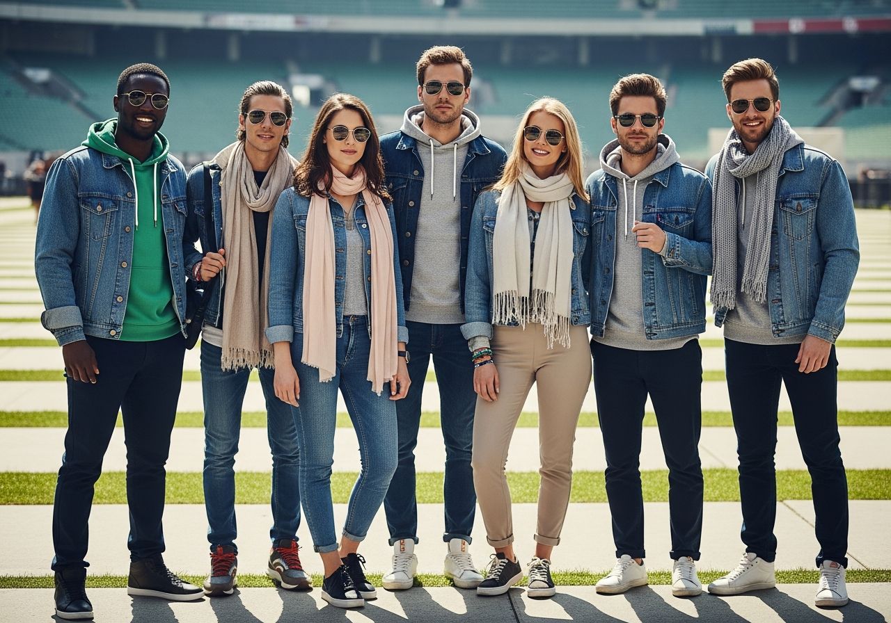 Grupa młodych osób w casualowych ubraniach na świeżym powietrzu przed dużym stadionem podczas koncertu