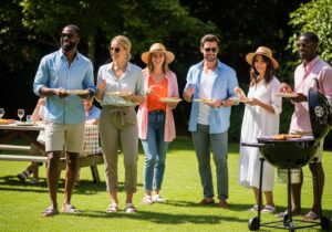 Grupa przyjaciół na letnim grillu w ogrodzie, ubrana swobodnie, trzymająca talerze z jedzeniem.