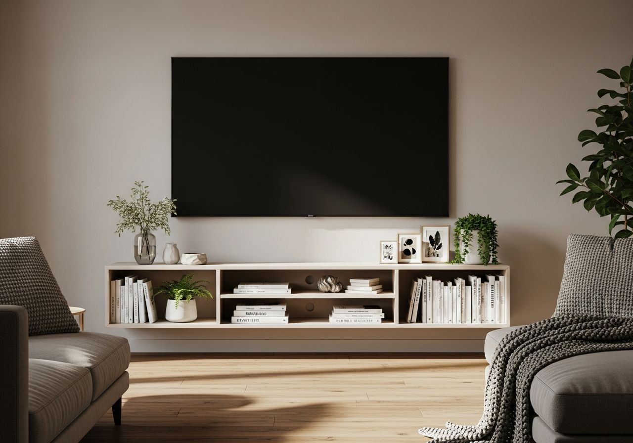 Nowoczesny salon z telewizorem na ścianie, minimalistyczną szafką i naturalnym oświetleniem.