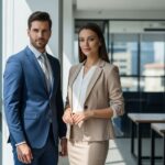 Mężczyzna i kobieta w biznesowych garniturach stoją razem w nowoczesnym biurze, gotowi do spotkania.